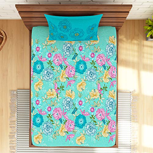 Image of Spaces Atrium Plus 210 TC 100% Cotton Single Bedsheet with 1 Pillow Cover (Floral, 60 inch X 88 inch Inches) - Teal