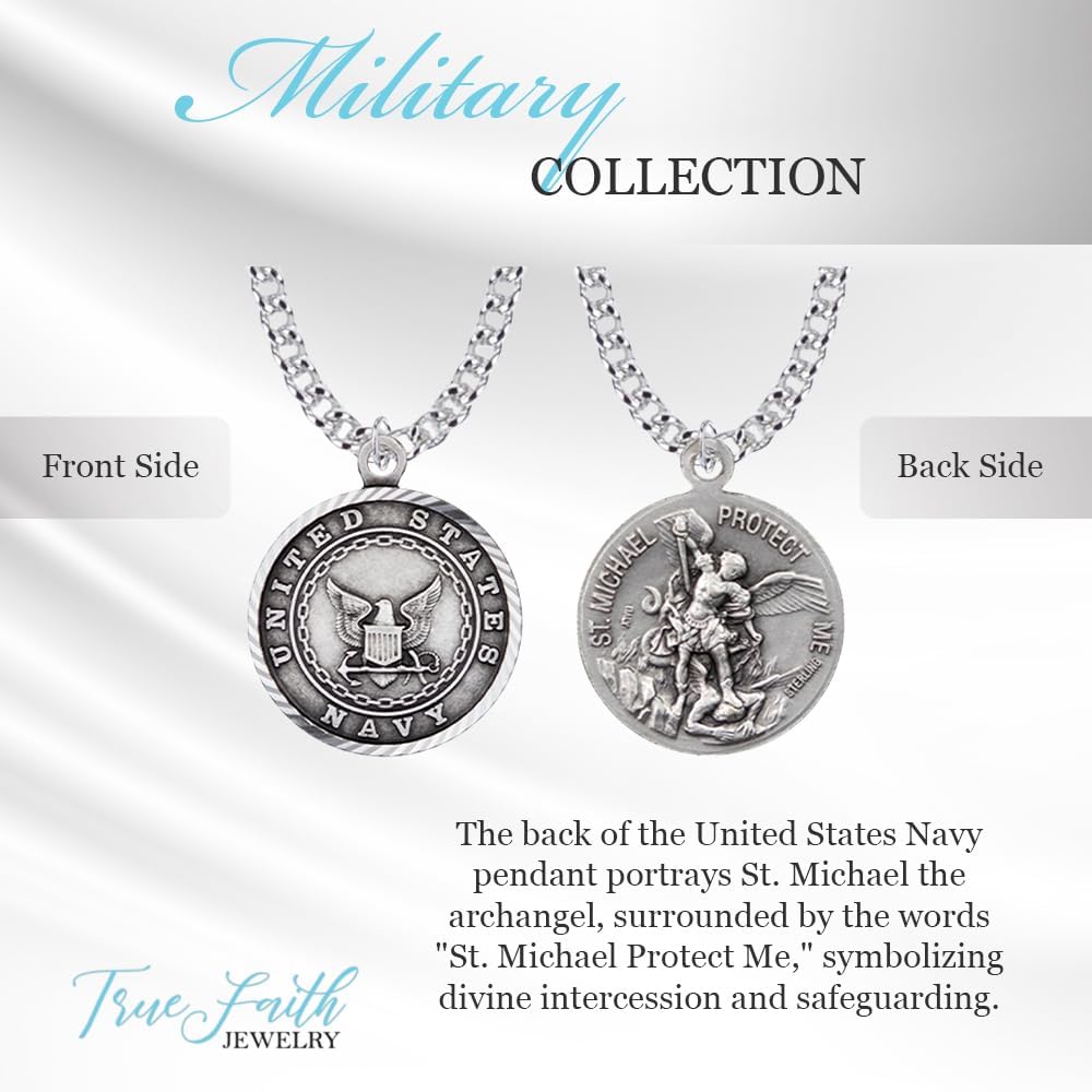 True Faith Jewelry Sterling Silver United States Navy Service Medal with St Michael Patron Saint Archangel Pendant Necklace, 3/4 Inch