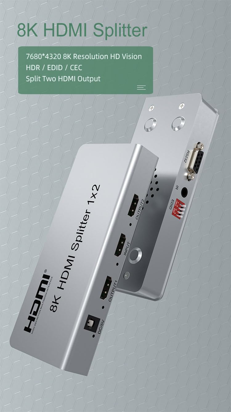 PremiumCord Splitter HDMI 1-2, Video 8K 4320p 60Hz, 4K 2160p 120Hz, Full HD 1080p, HDMI 2.1, 40Gbps, HDR10, Dolby TrueHD, Cec, Piccolo Alloggiamento In Metallo, Argento