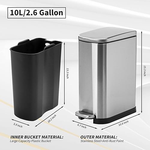 Miniatura 5 de Cubo de basura pequeño para baño con tapa de acero inoxidable de 10 litros2.6 galones, cubo de basura delgado de metal, contenedor de basura