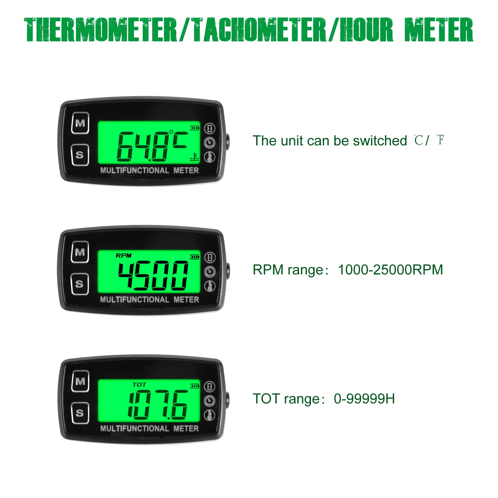 Yooreal Jauge De Température Numérique Pour Petit Moteur à Essence, Tachymètre, Compteur Horaire, étanche Pour Tondeuse à Gazon, Tracteur, Générateur, Compresseur, Moteur Hors-bord