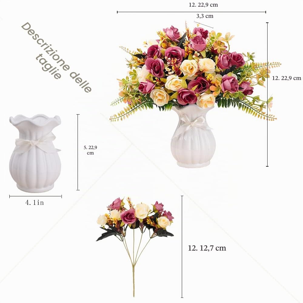 LESING Rosa artificiale in seta con vaso, fiori finti per matrimoni, bouquet di fiori, decorazione per casa, ufficio, feste, centrotavola, decorazione da tavolo (rosso viola-1)