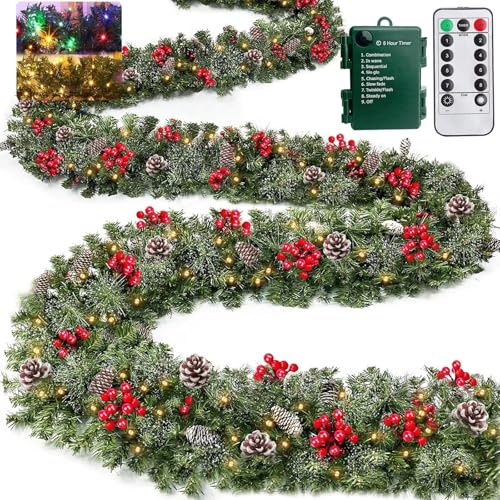 Remote Control&Super Long&8 Modes-18Ft Prelit Snowy Bristle Pine Christmas Garland