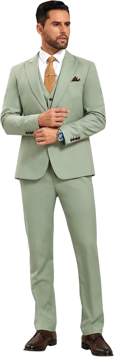 Men's Slim Fit 3-Piece Green Suit Blazer Vest Pants Formal 1 Button Men Suit Tuxedo for Business Prom - Image 5
