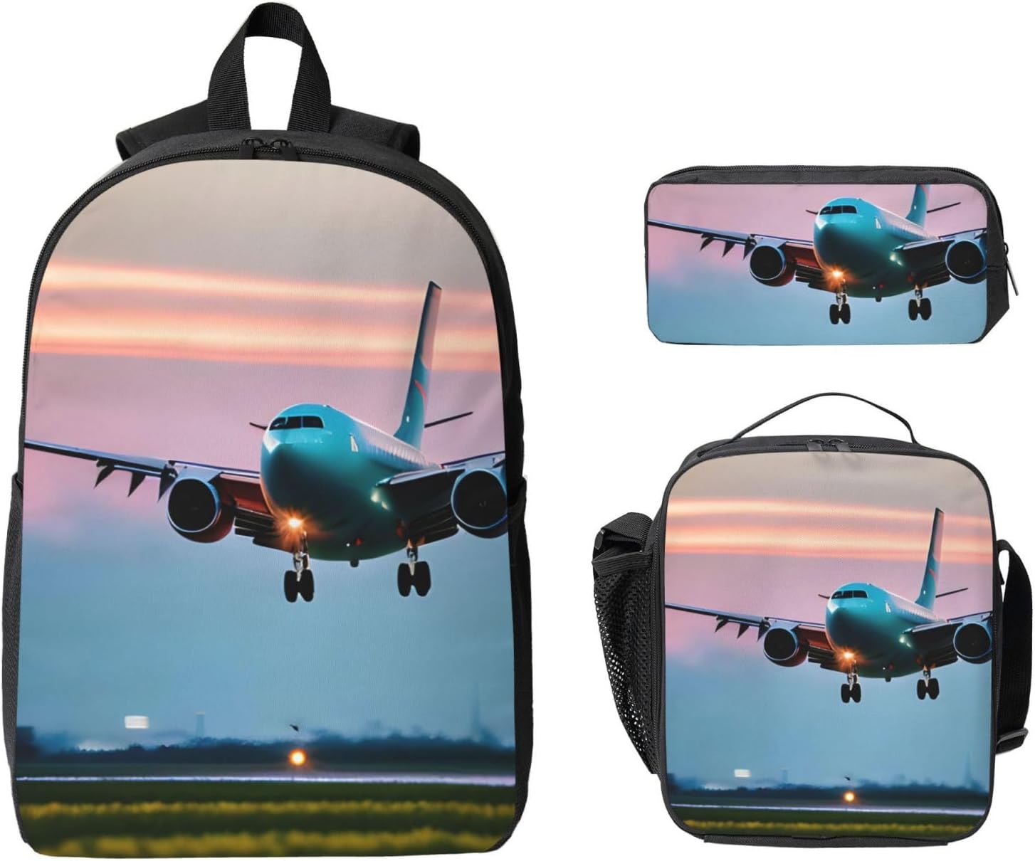 Airplane in The Evening Lights print 3 Piece Backpack Bags with Lunch Box Pencil Case Set for Travel Work Camping Unisex