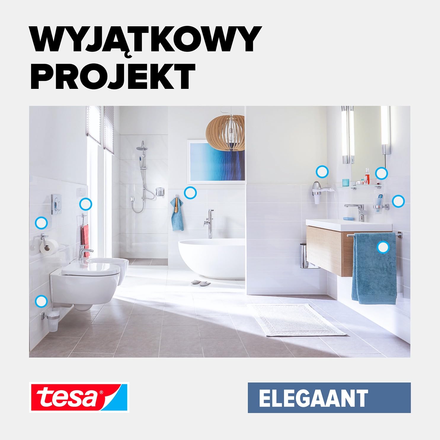 tesa ELEGAANT wieszak na ręczniki – samoprzylepny, metalowy pierścień ręcznikowy do łazienki – chromowany metal – prosty montaż – 156 mm x 185 mm x 45 mm