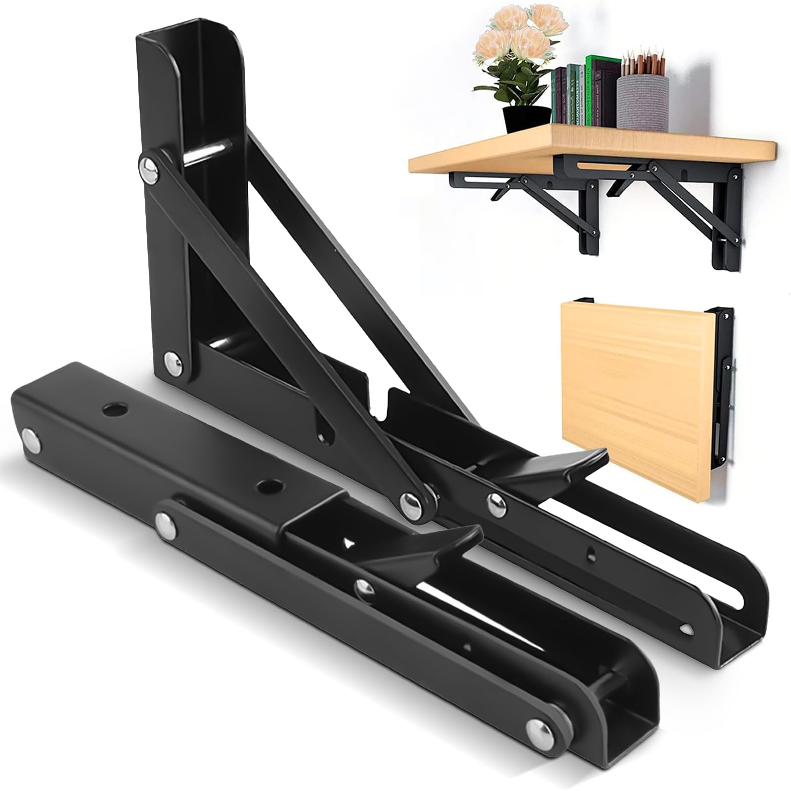 Folding Shelf Brackets, 2 Pcs 8 Inch Wall Mounted Triangle Folding Shelf Bracket, Heavy Duty Metal Collapsible Shelf Bracket for Bench Table, Shelves (Black)(20CM)