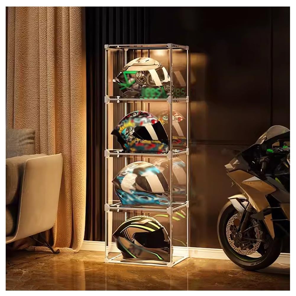 Gzhervices Clear Helmet Organize Display Cabinet With Led Light, Luminous Motorcycle Helmet Storage Rack, Stackable Plastic Storage Bins, Book & Cosmetic Display Showcase(4Pcs)