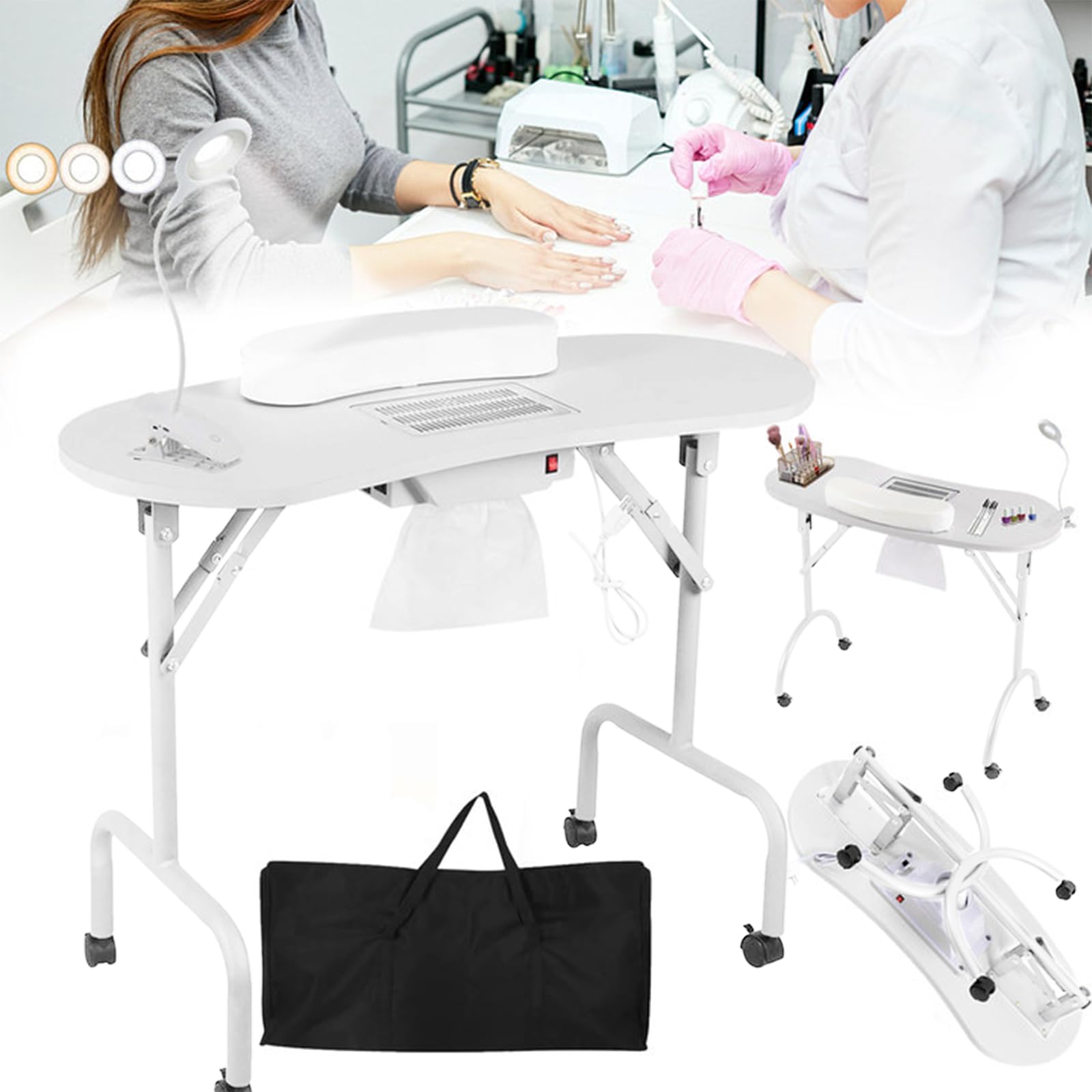 Mesa Uñas, Mesa Manicura Plegable Mesa Manicura Con Ventosa 90x44x72cm Mesa Manicura Con Aspirador Uñas Mesa Manicura Móvil Con LáMpara De Uñas Con Clip LED USB Regulable Bolsa Transporte 4 Ruedas