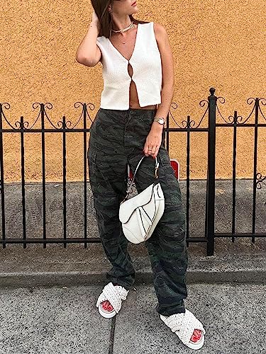 Image of Women Y2k Knit Vest Top Crochet V Neck Sleeveless Button Down Sweater Vest Tank Tops Vintage Streetwear (US, Alpha, Small, Regular, Regular, Ba White)