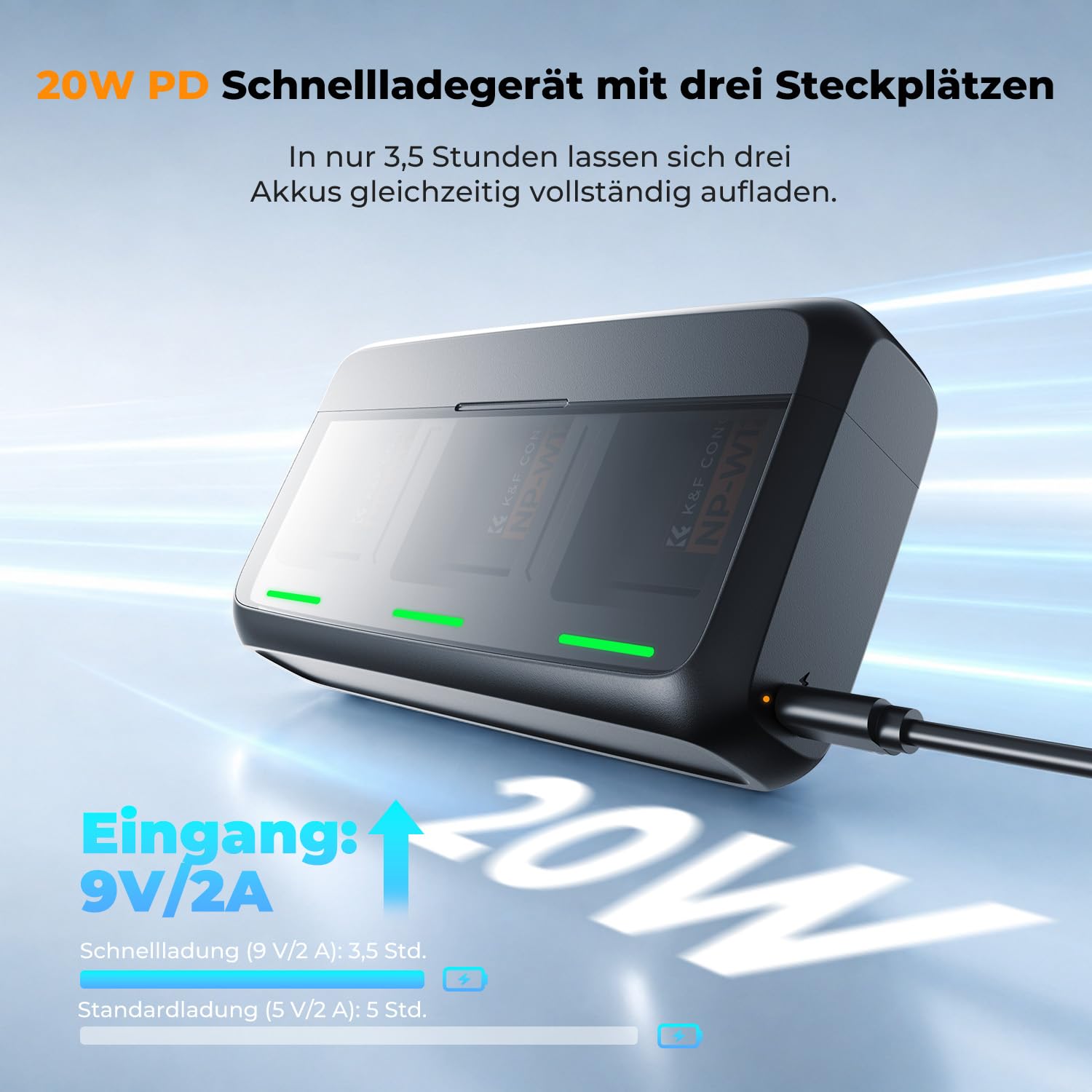 K&F CONCEPT NP-W126 NP-W126S Kamera Akku (3er Pack) mit 20W PD Ladegerät Kompatibel mit Fujifilm XT30 III/XM5/X100VI/X100V/XS10/XT30/XT30 II/XT20/XE4/A5