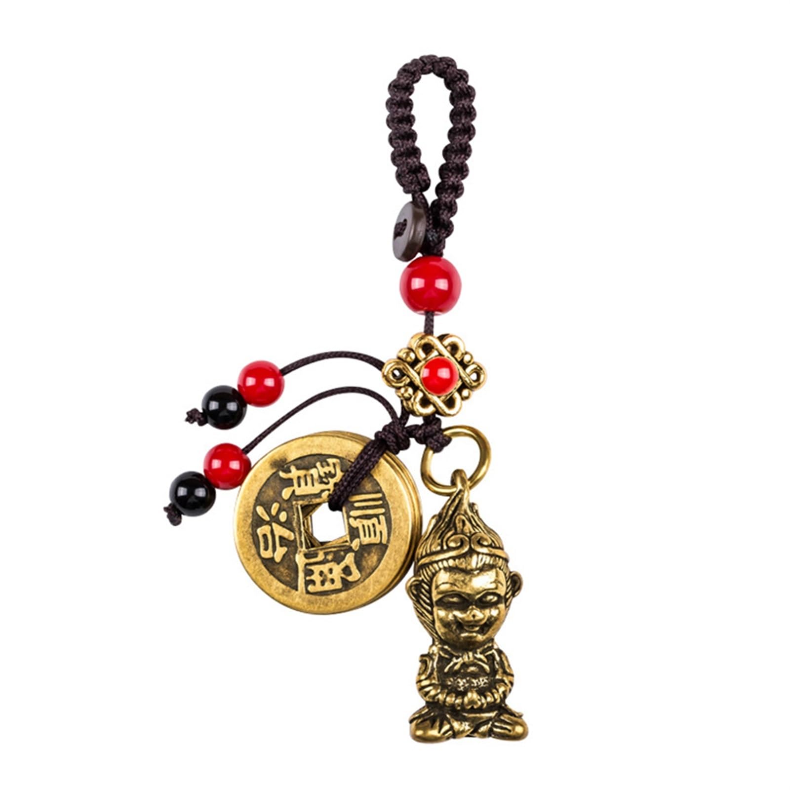 CFLNYC Brass Chinese Zodiac Monkey Statue Keychain, The Monkey King Sun Wukong Statue Keychain with Five Feng Shui Coins