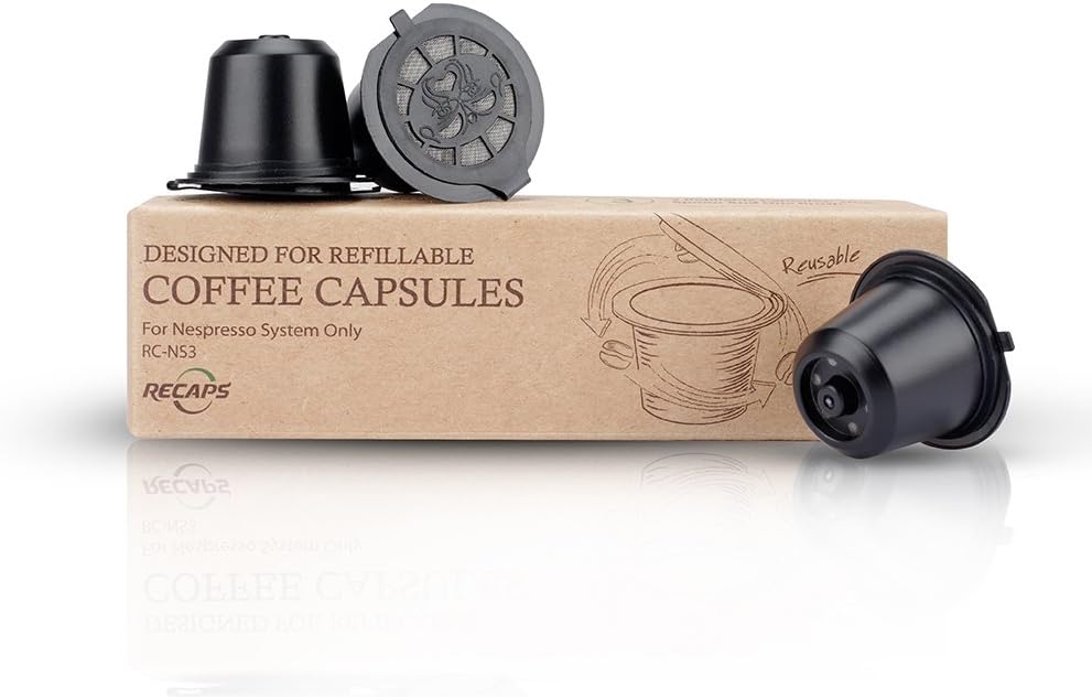 RECAPS Refillable Capsule BPA Free Coffee Pods Reusable 100 Times Compatible with Nespresso Original Line Machines 3 Pack Black