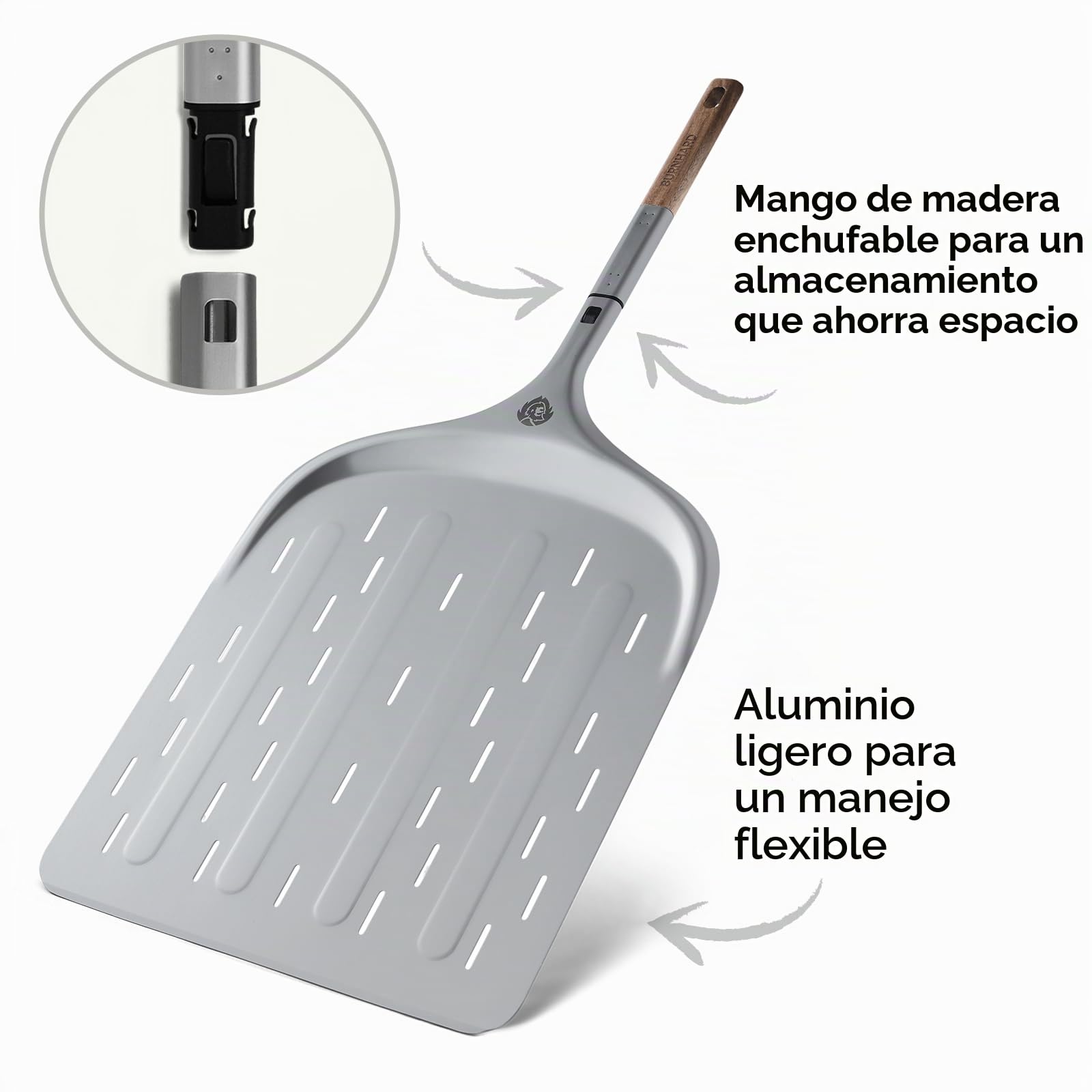 Pala para pizza BURNHARD® perforada, aluminio anodizado, mango de madera de acacia, conexión desmontable, 29 cm & 36 cm, compatible con hornos de pizza TONY & Fat TONY – Pala Deluxe