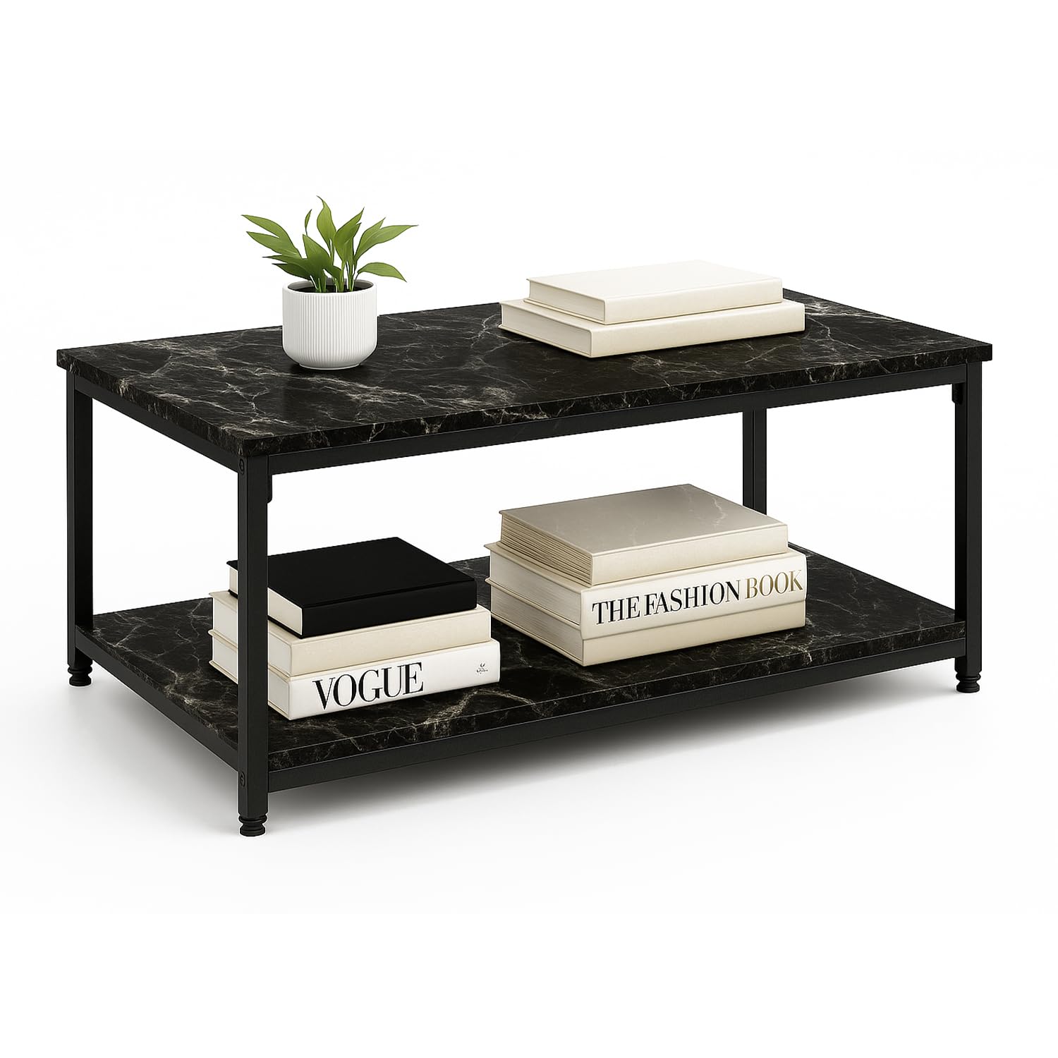 SG Traders Large Coffee Table | Industrial Coffee Table for Living Room | Stylish and Durable 2 Tier Wooden Tables with Storage & Metal Legs | Perfect for Any Room 100x50x45cm (Black Marble)