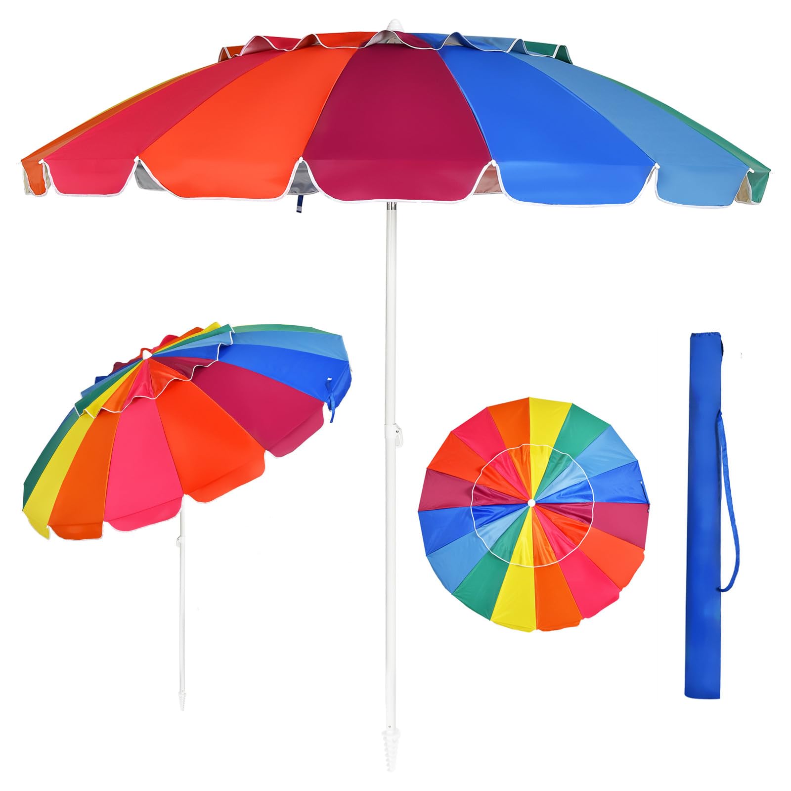 RELAX4LIFE Sonnenschirm Strand, Strandschirm Windfest Stabil, 30° knickbar, Rund Gartenschirm 245 cm, Terrassenschirm mit Bodenhülse & Schutzhülle, Marktschirm Sonnenschutz (Bunt)