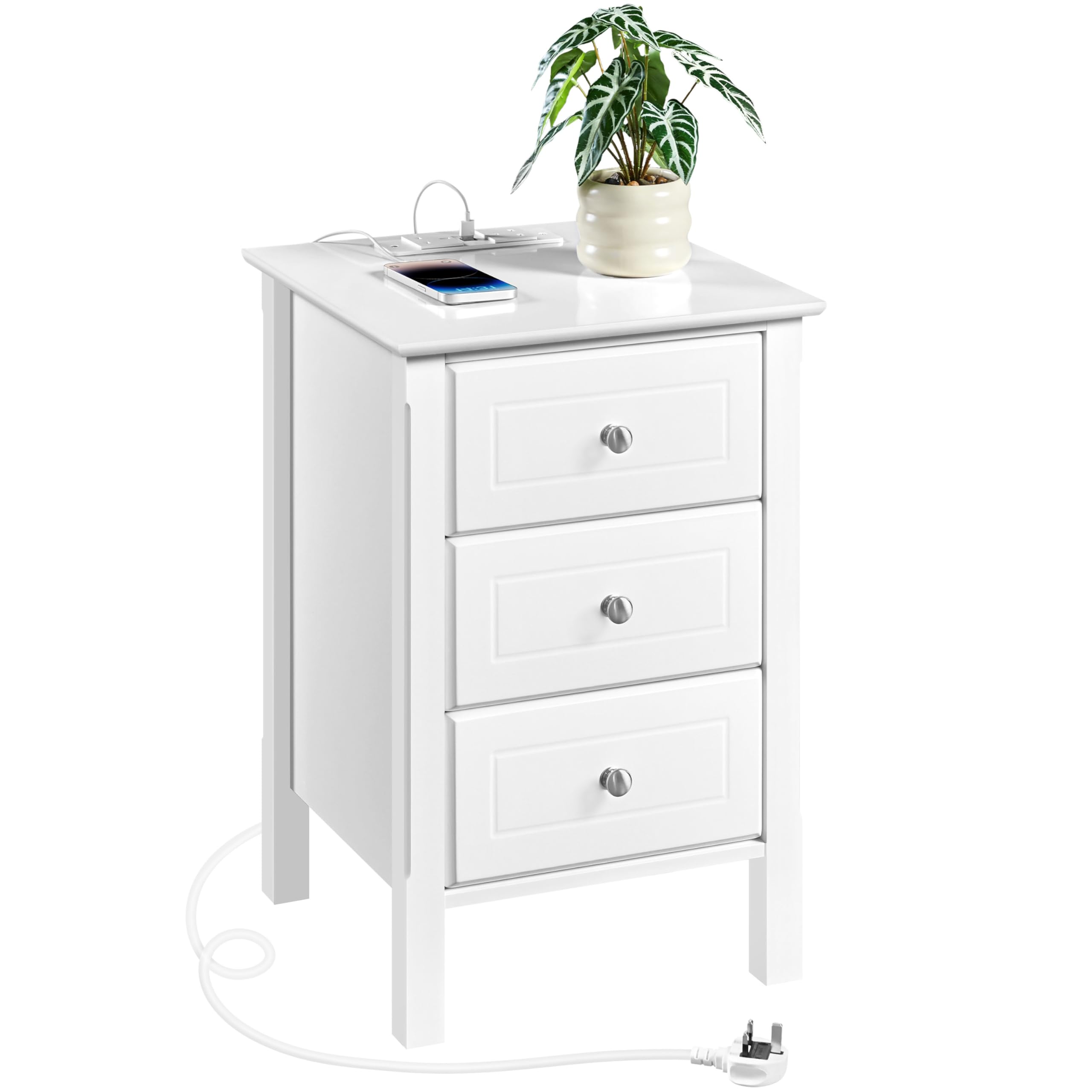 Yaheetech Charging Bedside Table with 3 Drawers, White