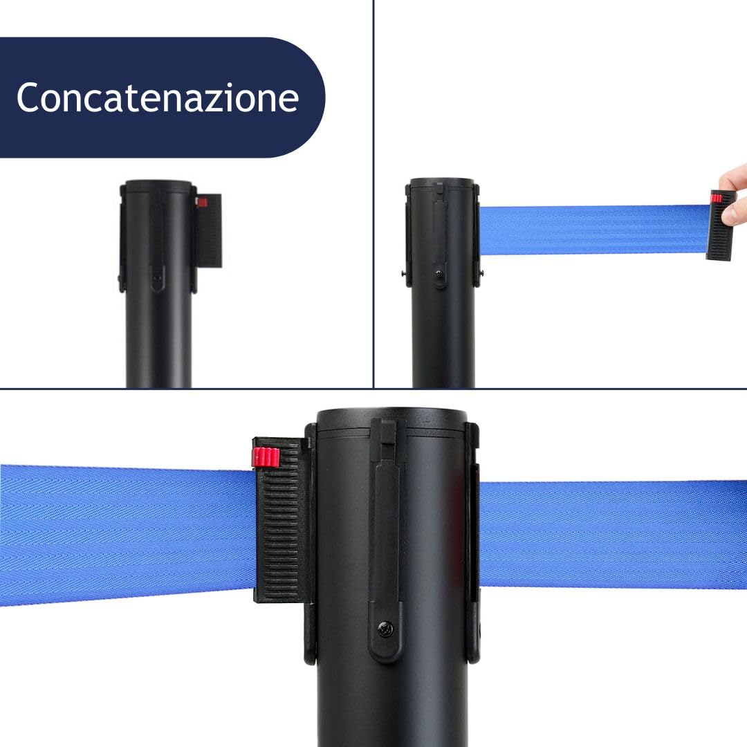 Danieli - Colonnina Segnapercorso con Nastro Estensibile Fino a 3 Metri, Metallo Nero Opaco, Base Conica (Blu)