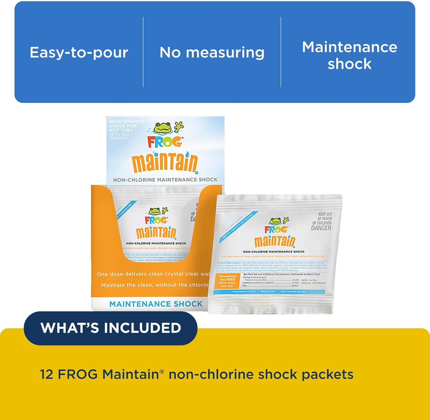 FROG Maintain for Hot Tubs - Non-Chlorine Shock for use with All Hot Tub FROG Sanitizing Systems - Single Dose Packets for Easy Hot Tub Maintenance & Treatment - 12 Pack