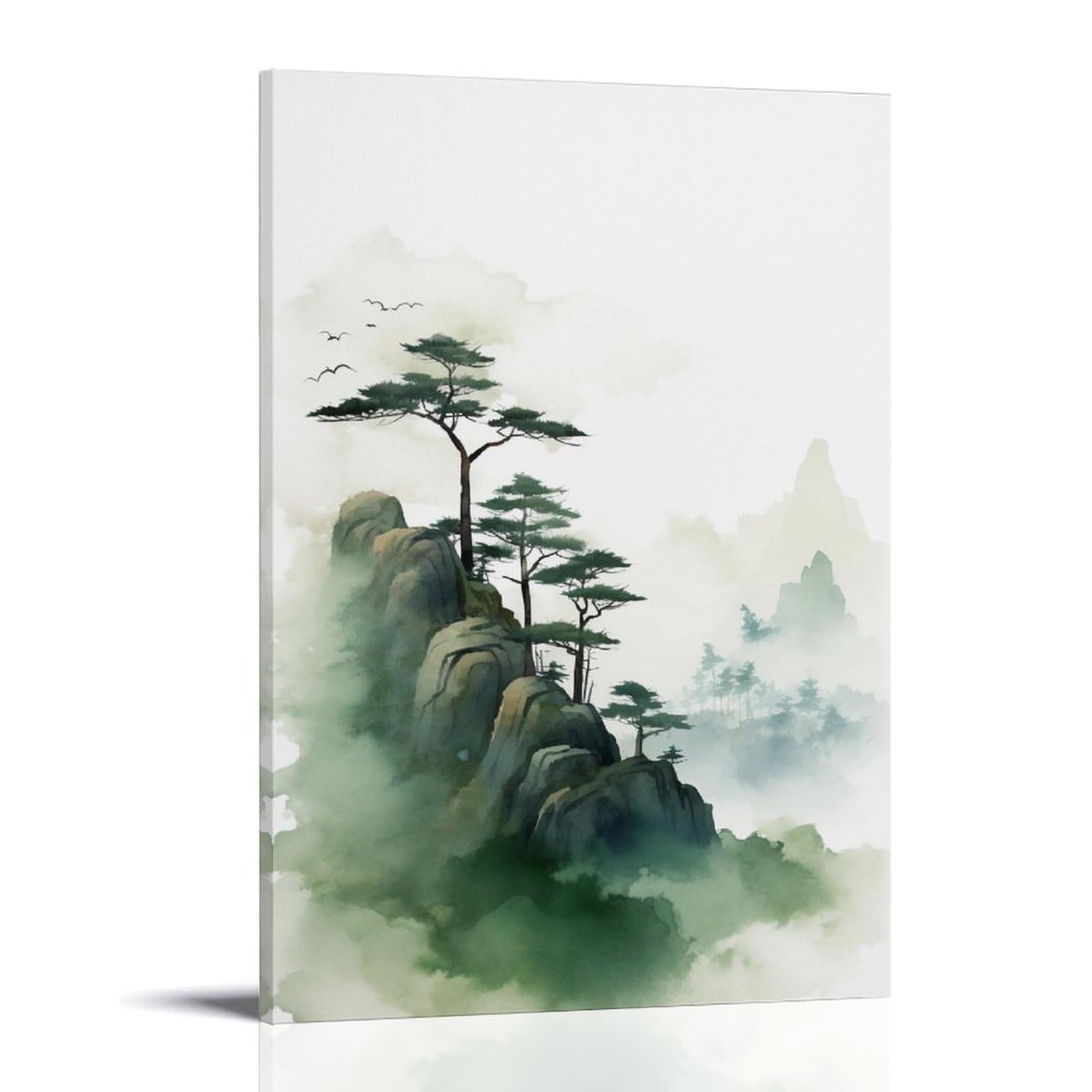 FYFMUSHE Modern Watercolor Tree Canvas Wall Art Paintings Abstract Green Tree On Mountain Pictures on Canvas Prints Framed Ready to Hang Artwork for Bedroom Home Decor 08x12inch(20x30cm)
