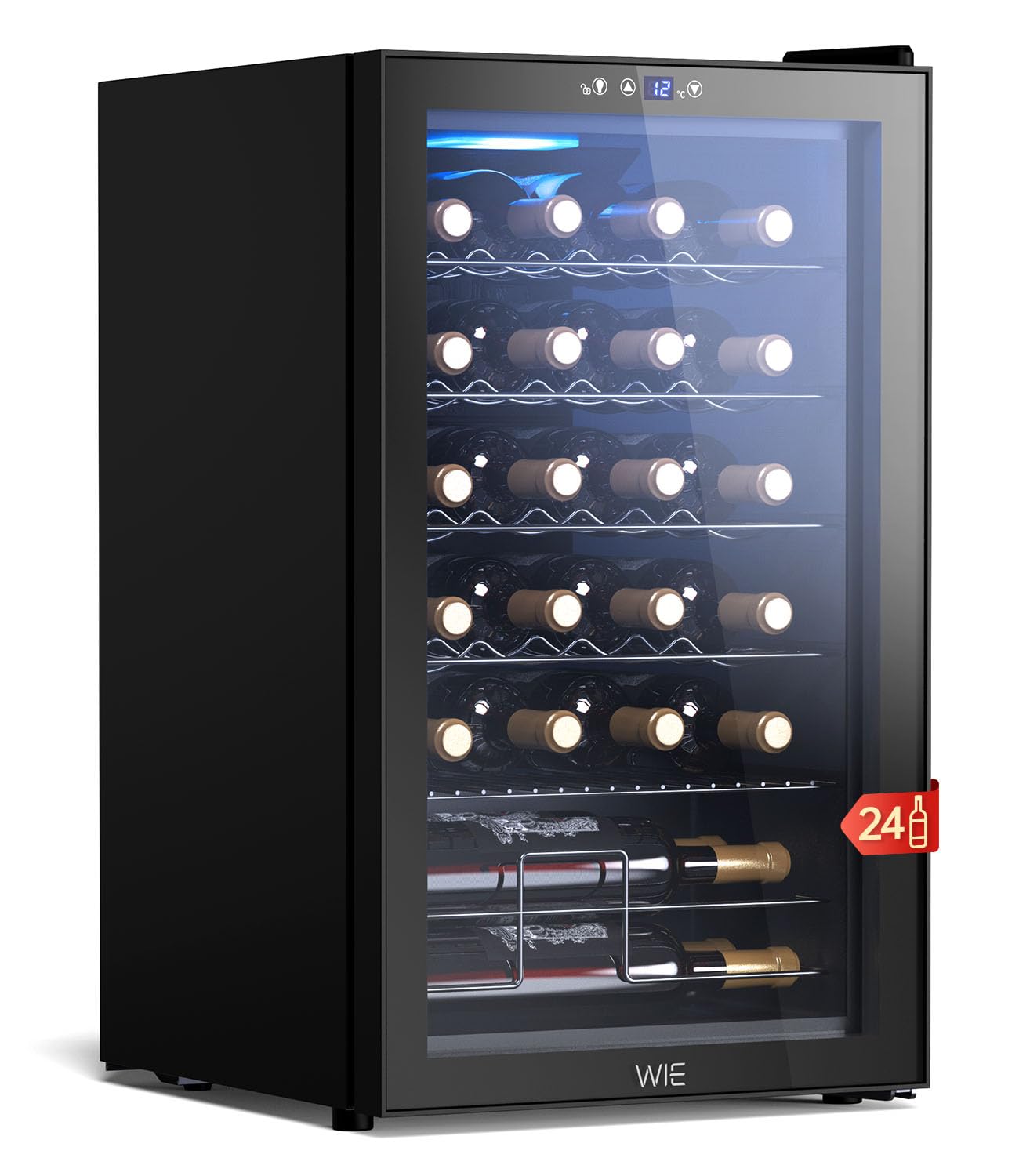 WIE Cantinetta Vino 24 Bottiglie 70L, Cantinetta Refrigerata per Vino a Compressore, 4-18°C con Touch Screen, Luce LED, Silenzioso <42 dB, 4 Ripiani in Acciaio Inox Rimovibili, per Bar, Casa, Ufficio