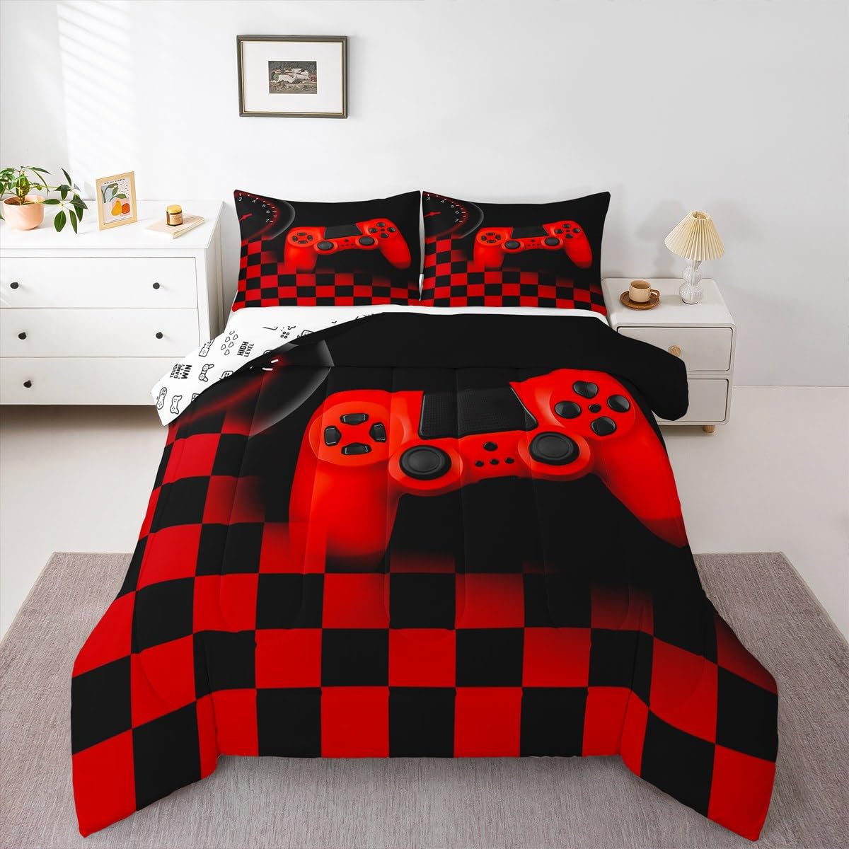 Erosebridal Gamer Bedding Sets for Boys Gaming Comforter Sets Twin Size for Kids Teen Boys Gamer Room Decor Video Game Gamepad Bedding Set with Plaid