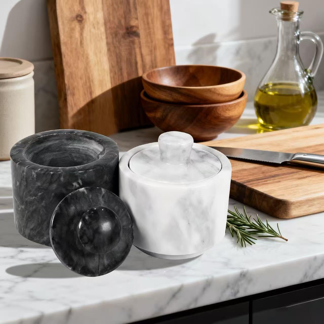 Marble Salt and Pepper Cellar Set, Black and White Storage Containers with Lids, Kitchen Spice Bowls for Herbs, Sugar, Coffee Beans, 2 Piece