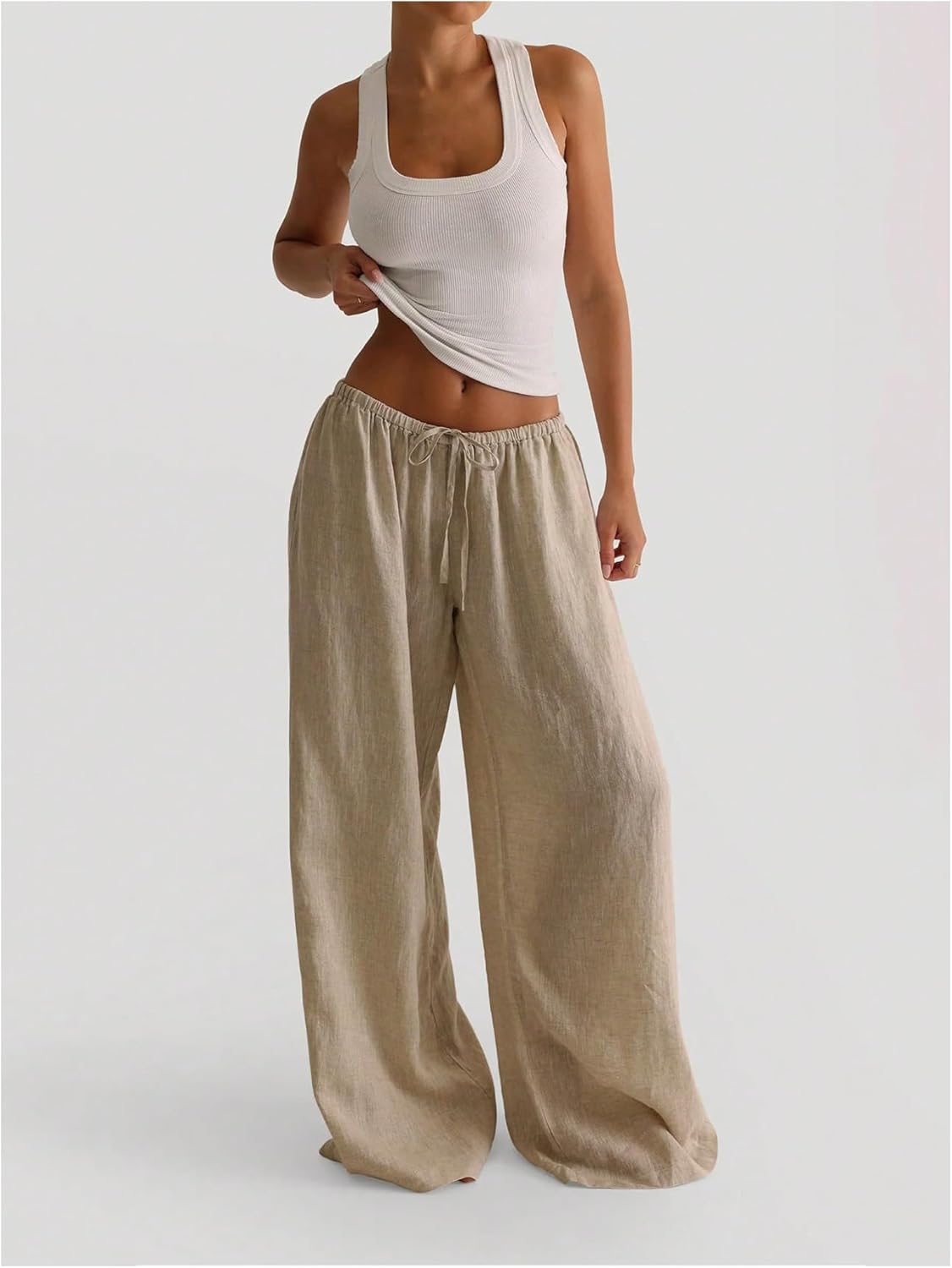 SweatyRocks Women's Linen Palazzo Pants Low Waist Casual Wide Leg Long Trousers with Pockets