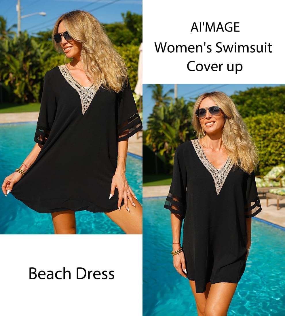 AI'MAGE Women's Swimsuit Cover Up 3/4 Bell Sleeve Loose Beachwear Deep V-Neck Bikini T-Shirt Beach Dress S-XXL