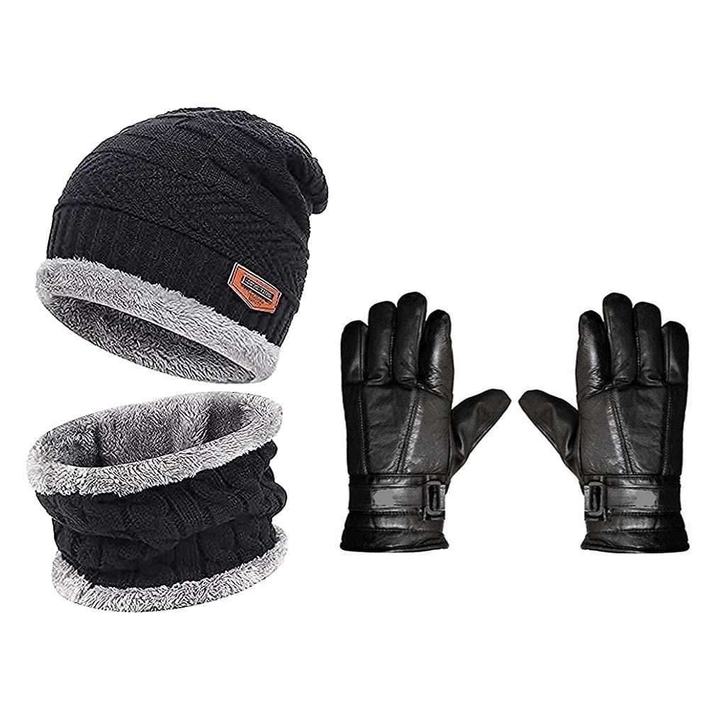 Devil Winter Soft Warm Snow Proof Woolen Beanie Cap Neck Scarf Set with Leather Hand Gloves for Men & Women (Black)