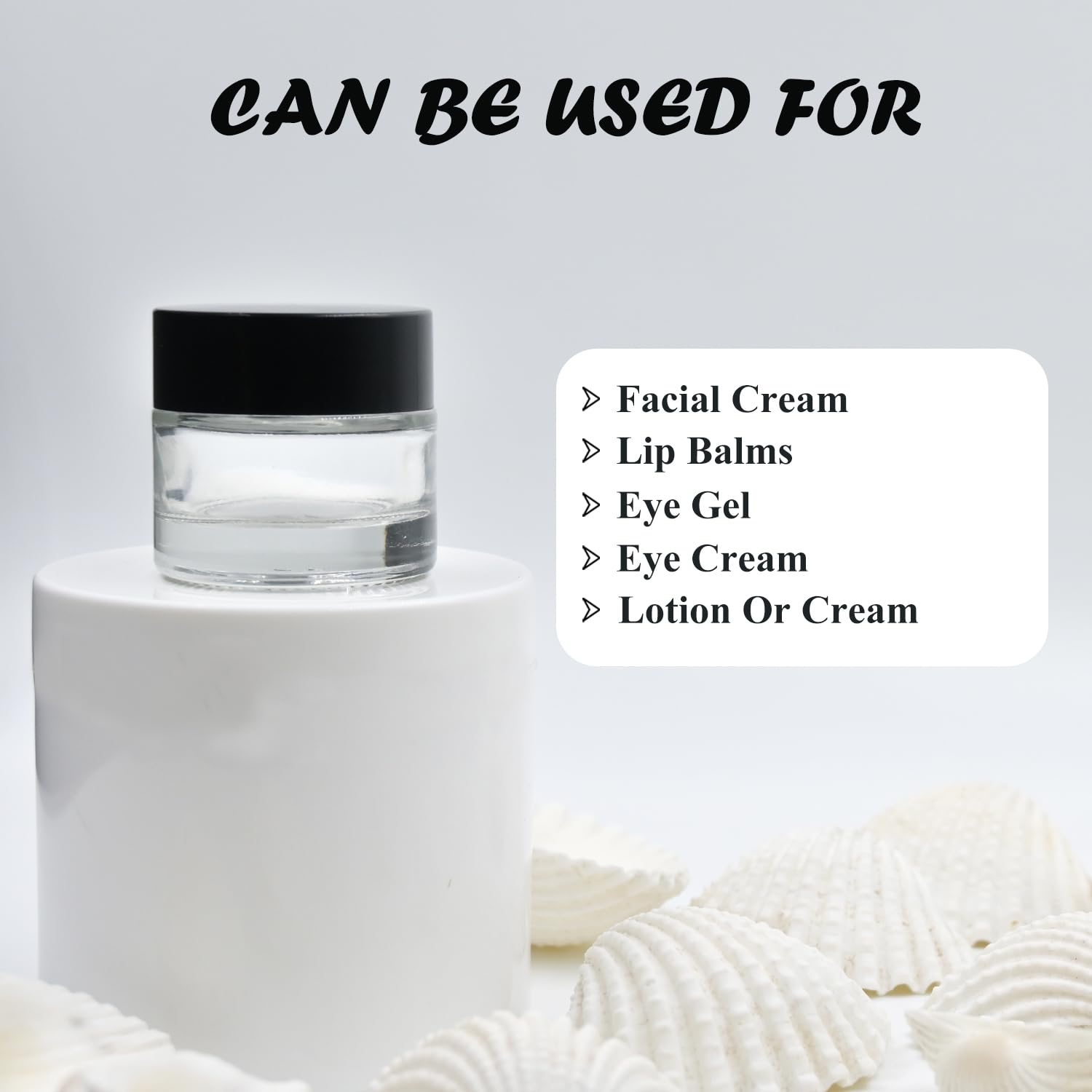 Happy Packaging 10 gm Clear Round Empty Glass Cosmetic Cream Container | Jars With Black Cap And White Inner Lids For Creams| Balms | Face Scrub | Body Cream Etc (3) - Image 4 thumbnail