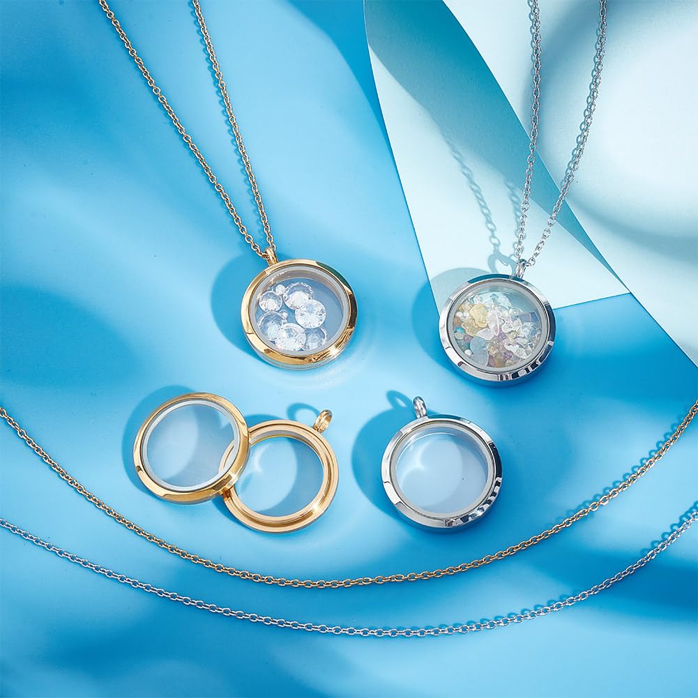 DELORIGIN 4pcs Photo Locket Charms Necklace 2 Color Round Stainless Steel Locket Pendants Crystal Double-Sided Picture Frame Memory Locket Charm with 17.7inch Chain for Wedding Jewellery Making Photo - Image 4
