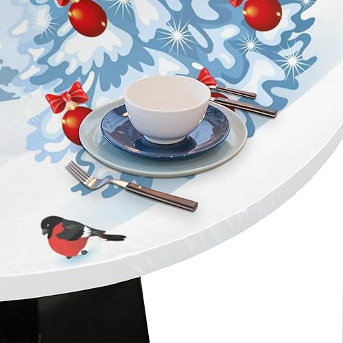 Miniatura 5 de Mantel redondo ajustable con mantel elástico redondo elástico muñeco de nieve y pájaros de Navidad, mantel circular, impermeable, lavable, se adapta