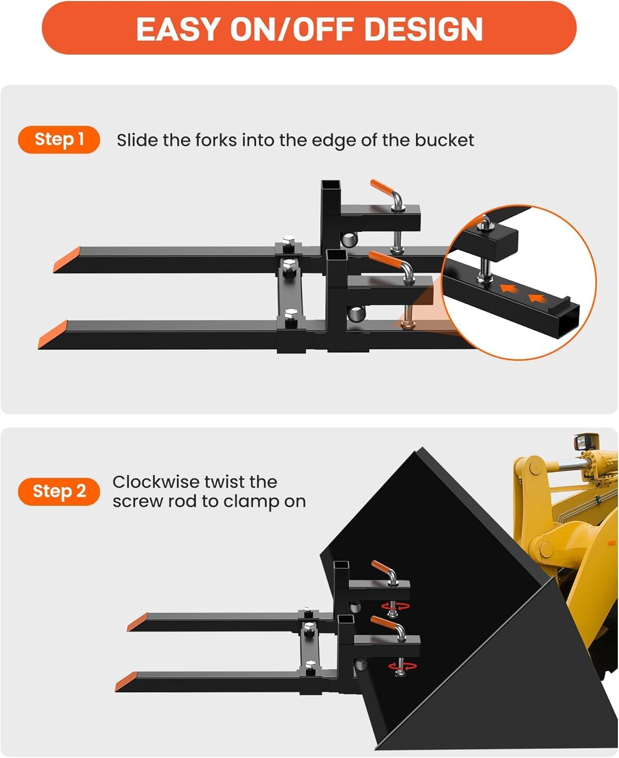 Garvee Verstellbare Schwerlast Palettengabeln zum Anklemmen – 43 Zoll, 2000 lbs Tragkraft, mit Stabilisationsstange, geeignet für Traktor, Lader & Skid Steer – Passend für Landtechnik-Hersteller,