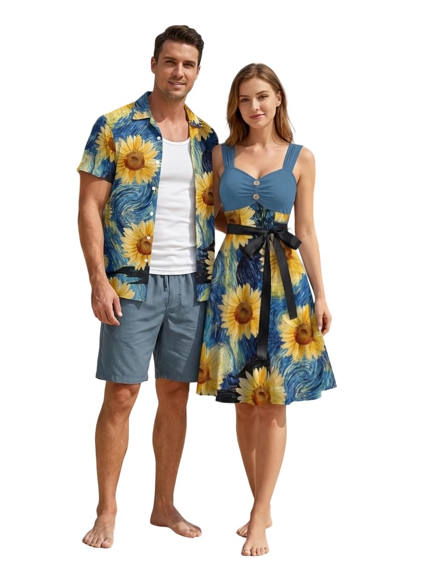DRESSFO Passendes Hawaii-Outfit für Paare, Sonnenblumen-Druck, Hemd oder Mock-Knopf, Tankgürtel, Minikleid