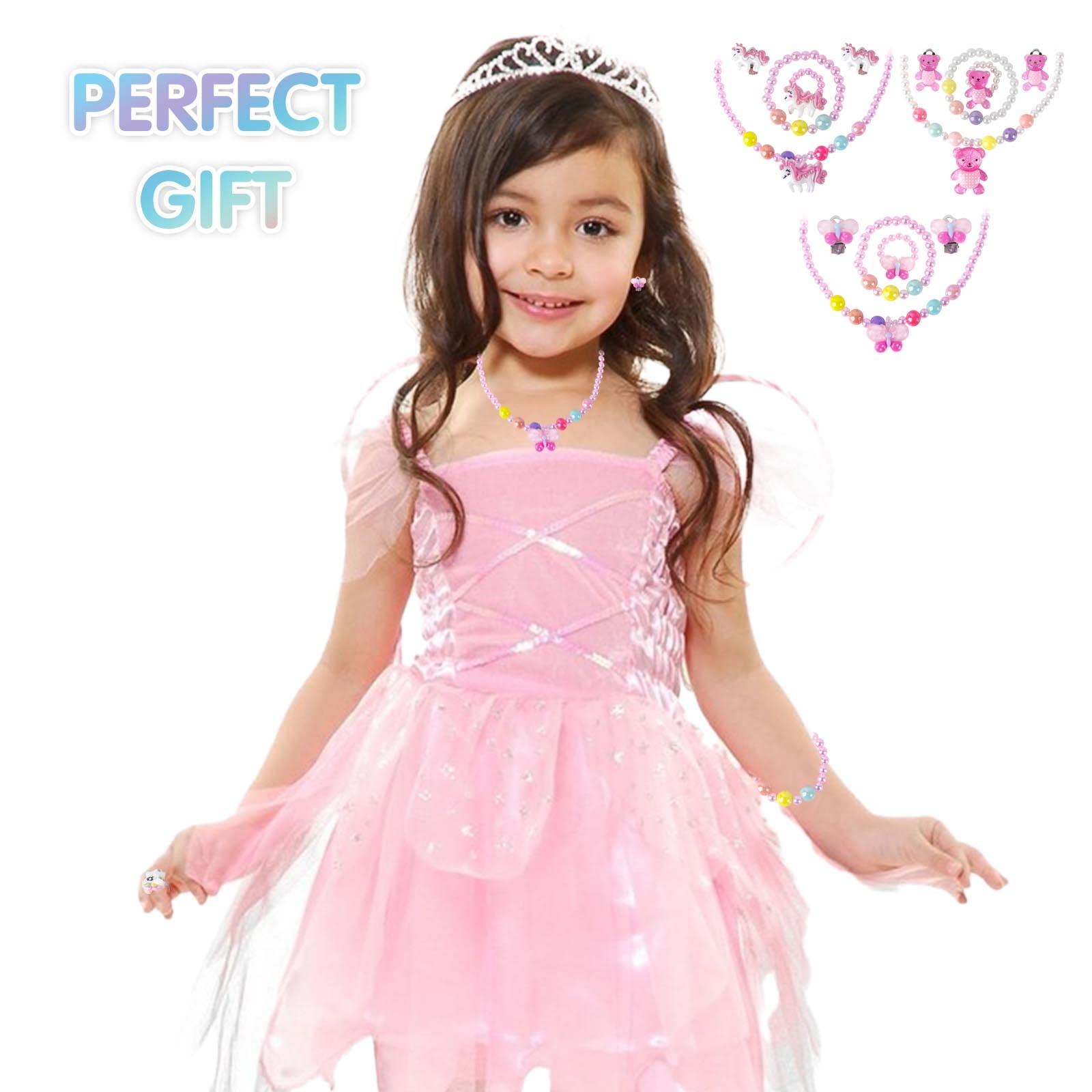 AYNKH 3 Sets Kids Jewellery, 15 PCS Unicorn Bear Butterfly Stretchy Necklace Bracelet Ring Hair Clip, Colorful Gift Party Favors Dress up for Little Girl Toddler - Image 4