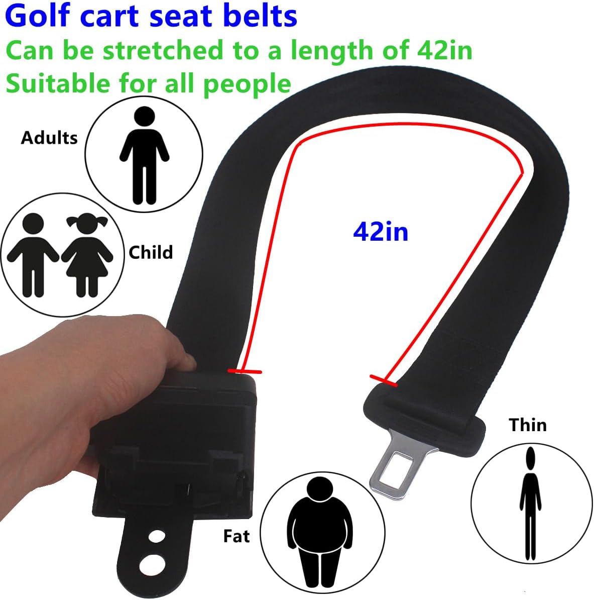 Golf Cart Seat Belt，HKOO Universal Golf Cart Seat Belt, Retractable Belt for EZGO TXT, Club Car DS and Yamaha, 2 Pack