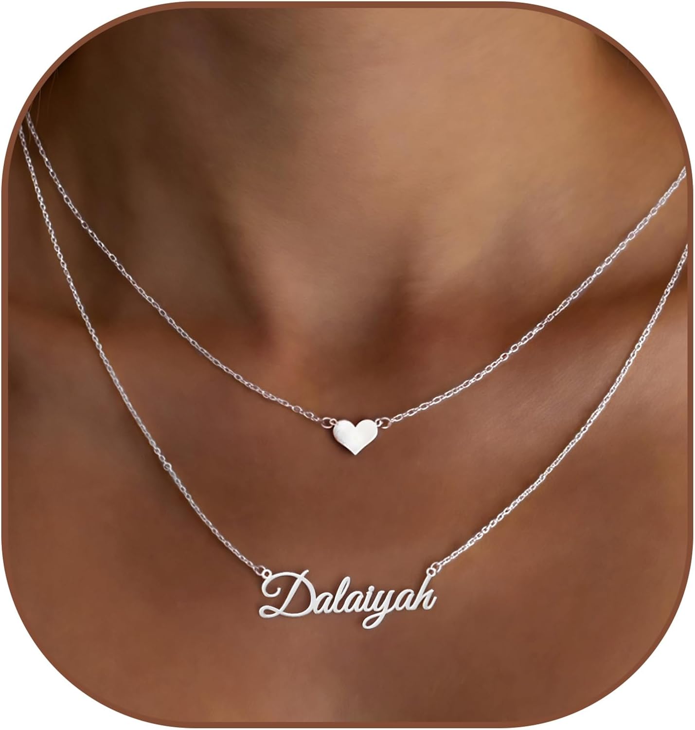 MeMoShe Layered Choker Name Necklace Personalized with Heart, Custom Nameplate Pendant 18K Gold Plated Christmas Gift