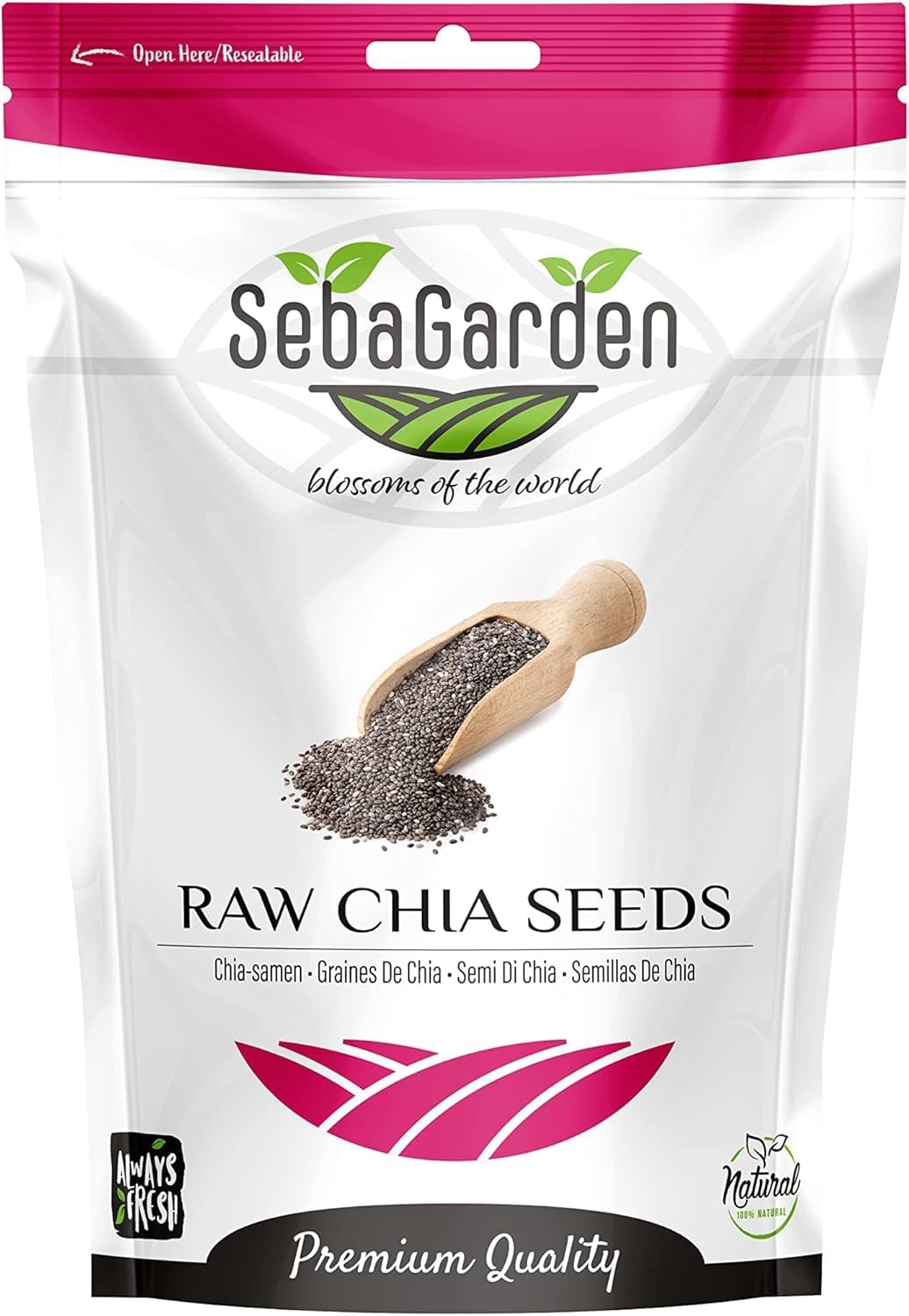 Seba Garden Premium Nutrient-Dense - Raw Black Chia Seeds with 5g Protein & 10g Fiber for Salads, Yogurt & Smoothies, Non-GMO, Vegan, Gluten-Free, Keto & Paleo (1 kg)