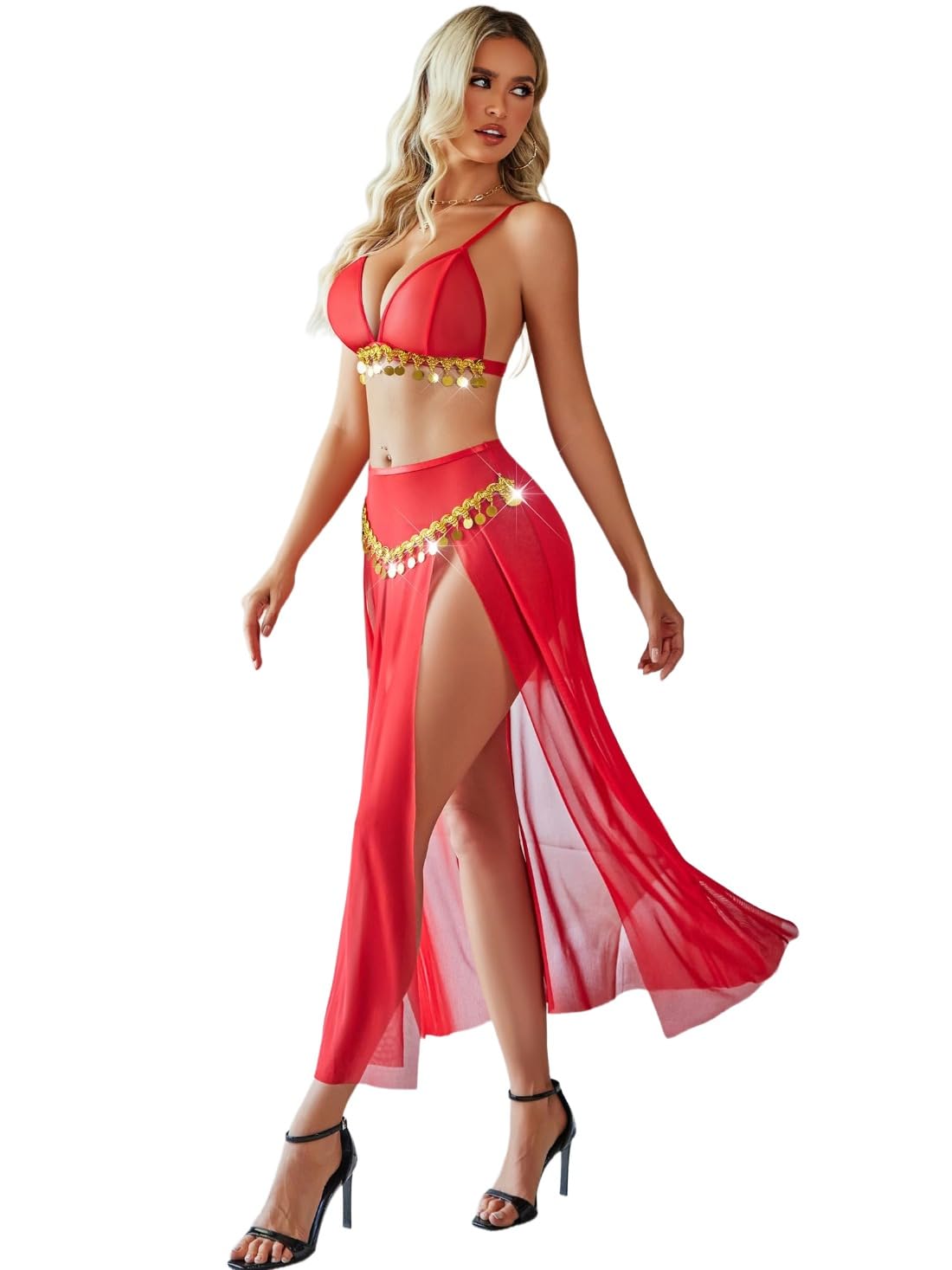 Lingerie for Women Rave Outfits for Festival Mesh Sheer Bra Top High Waist Split Maxi SkirtLingerie Set Mesh Ruffle Babydoll with Mini Skirt 3 Piece Lingerie Babydoll Set-image-22