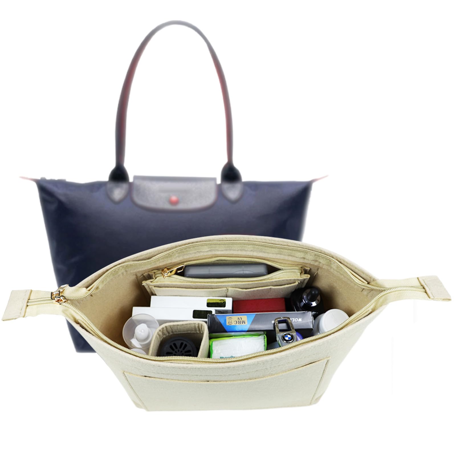 Lckaey Purse Organizer Insert for Longchamp Le Pliage Handbags Insert Felt Organizer1014beige-L-picture-11