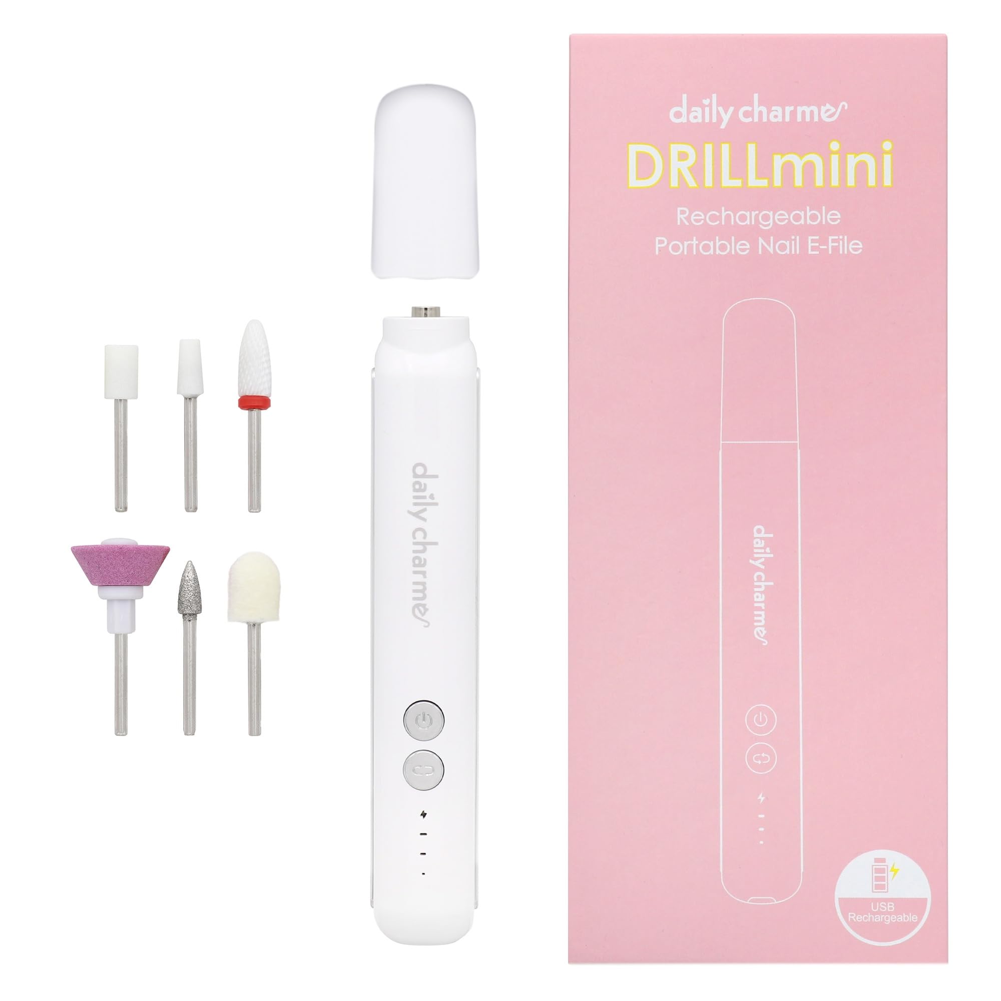 Daily Charme DRILLmini Lightweight Portable Nail E-File, Professional Rechargeable Cordless Nail Drill Machine Kit for Manicure Pedicure Nails, Includes 6 Different Drill Bits, for DIY Home / Salon