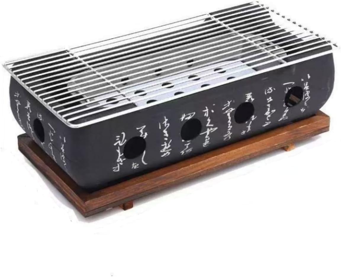 Upgraded Japanese Hibachi Grill, Portable Tabletop Yakitori Charcoal BBQ Indoor Outdoor with Wooden Base & Grill Grid - 6.7x4.73x13.6in (XL)