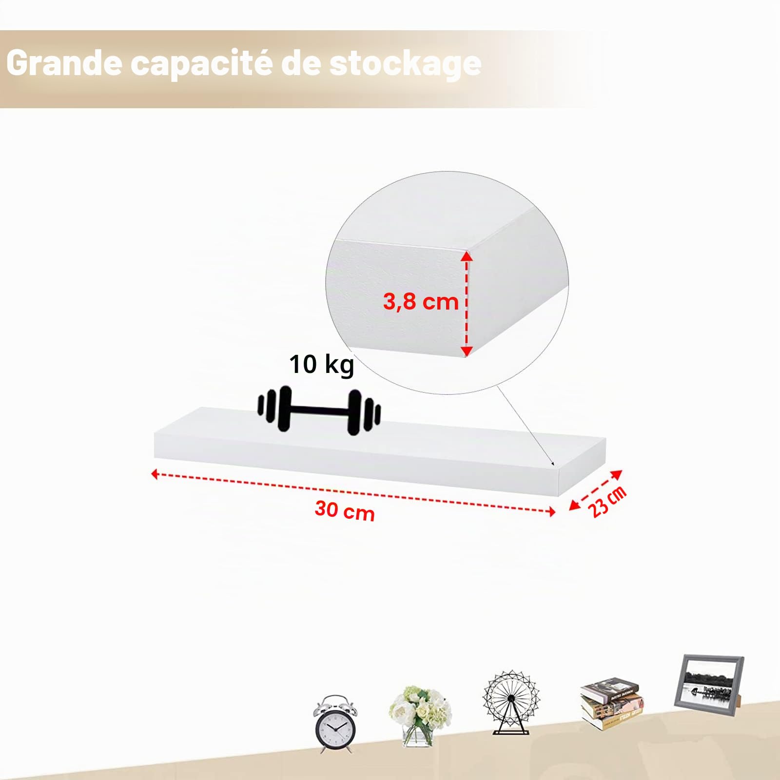 eSituro Lot de 4 Étagères Murales, Étagère Flottante, en MDF et Métal, avec Support Invisible, pour Chambre, Salon, Bureau, Cuisine, Blanc, 30x22,9x3,8cm