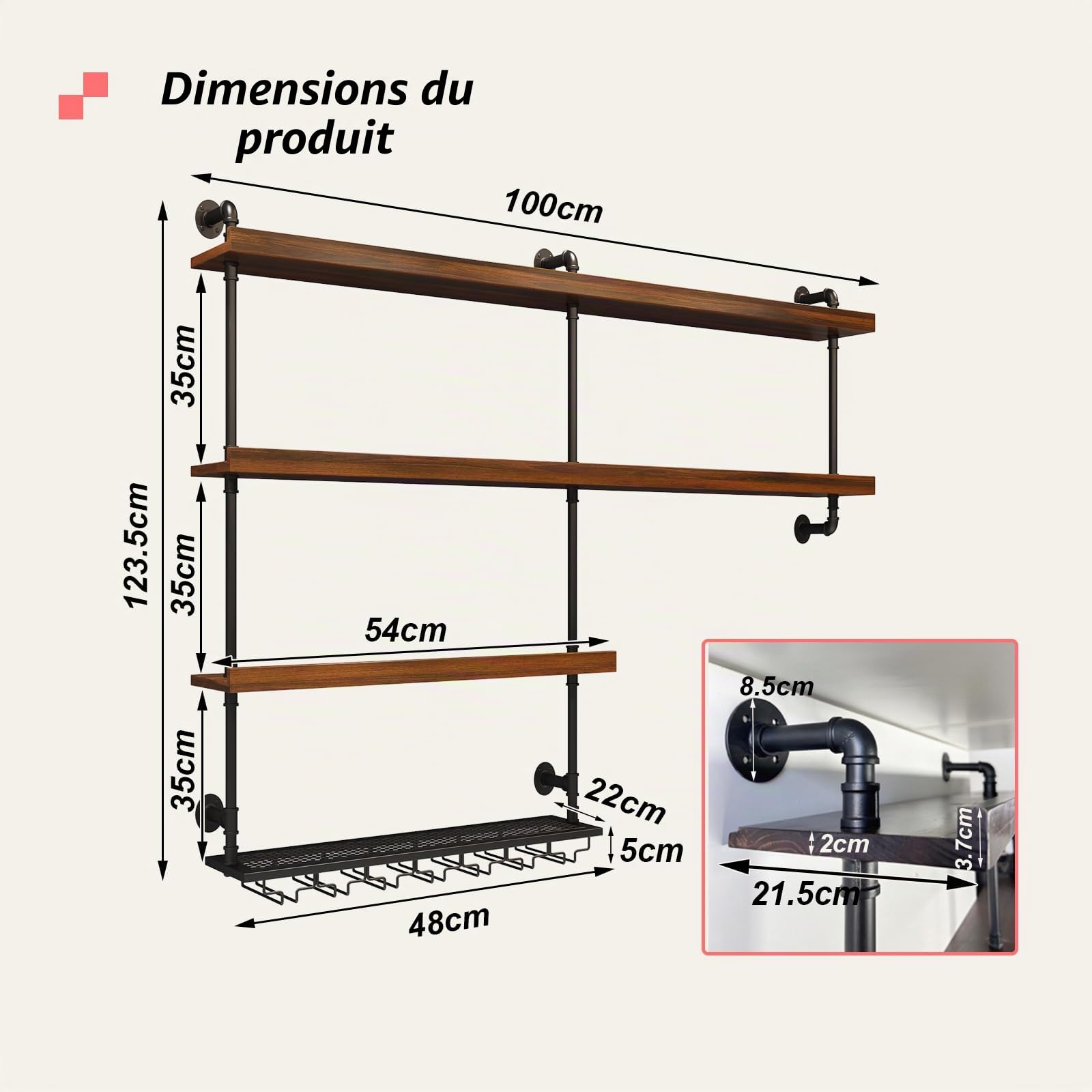 Casier à Vin Mural en Bois Massif, Porte-Bouteilles Muraux Industriels avec Lumière LED, Étagère à vin Murale vec Porte-Verre pour Cuisine Bar Salle (100 cm)