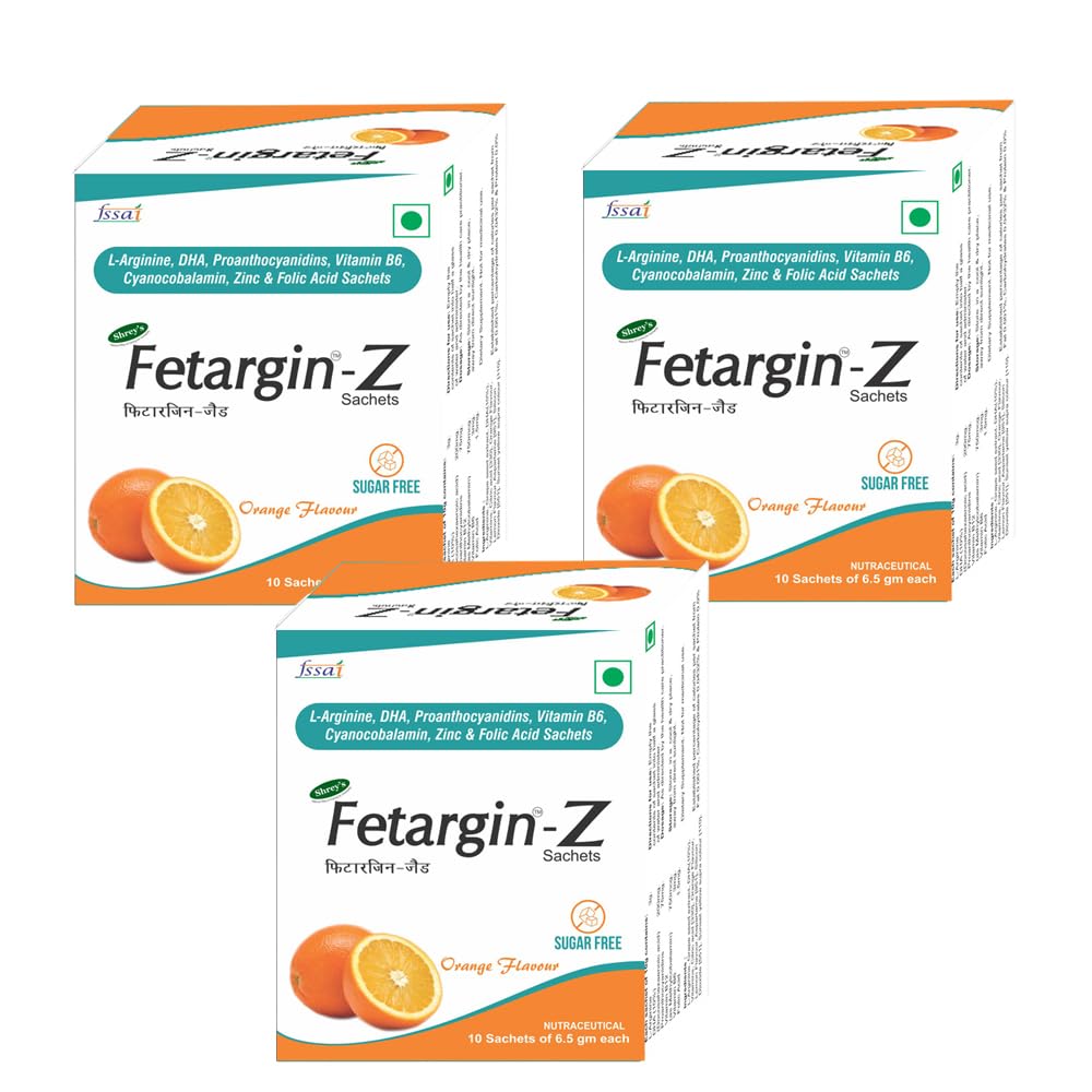 Shrey’s Fetargin-Z L-Arginine, DHA, Proanthocyanidins, Vitamin B6, Zinc, Folic Acid & Vitamin B12 Powder | Supports Energy, Pregnancy Wellness, Immunity & Heart Health | Orange Flavour | Sugar Free | 30 Sachets