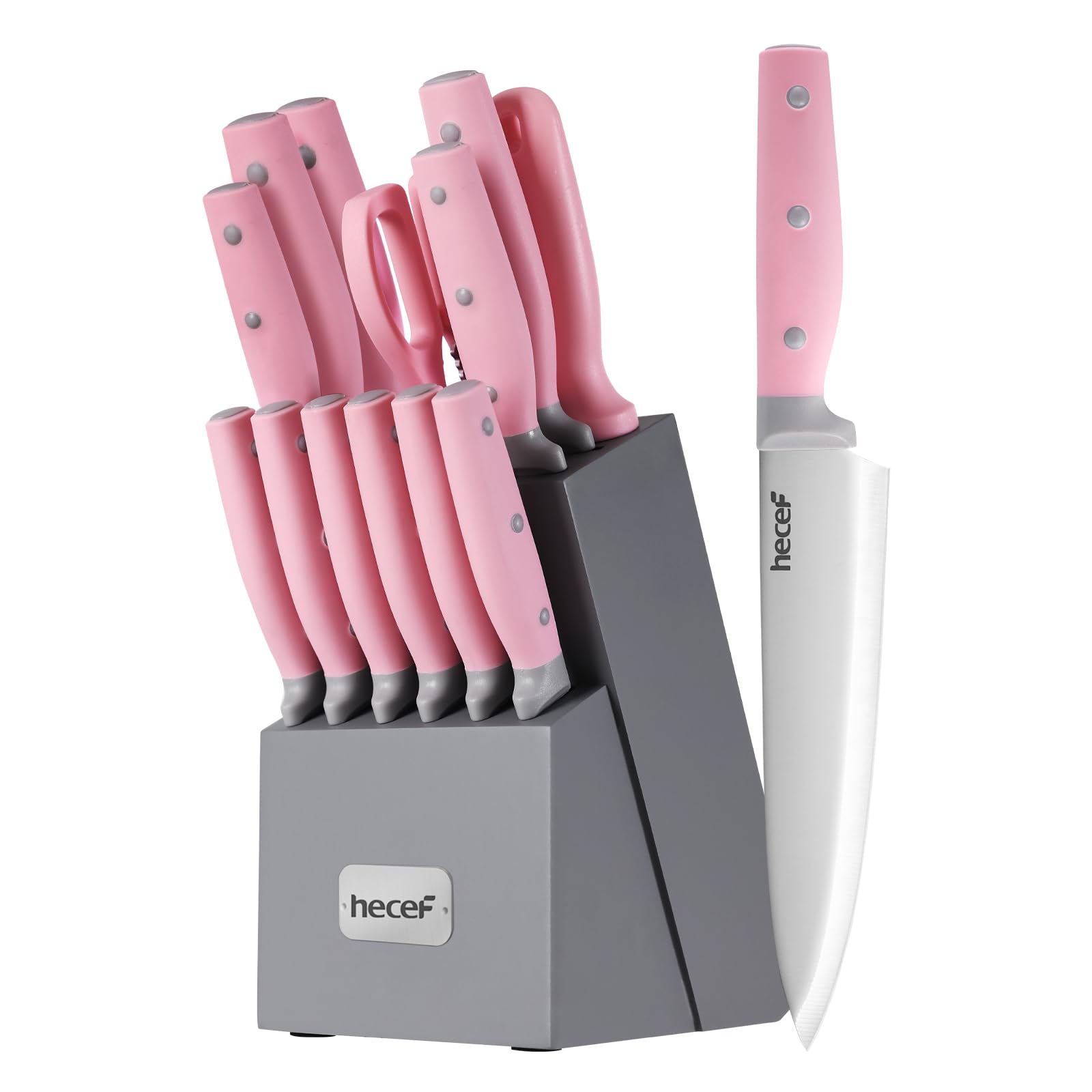 hecef Couteau Cuisine, Porte Couteaux de Cuisine 14 Pièces, Ensemble Couteaux de Cuisine en Acier Inoxydable avec Bloc en Bois, Couteaux de chef Professionnels - Plus de Choix de Couleur (Rose)