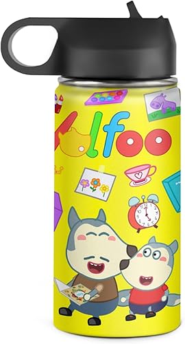 Wolfoo - Botella de agua familiar con pajilla, botella de agua para niños con mango giratorio ancho, tapa de pajilla, botella de agua de acero