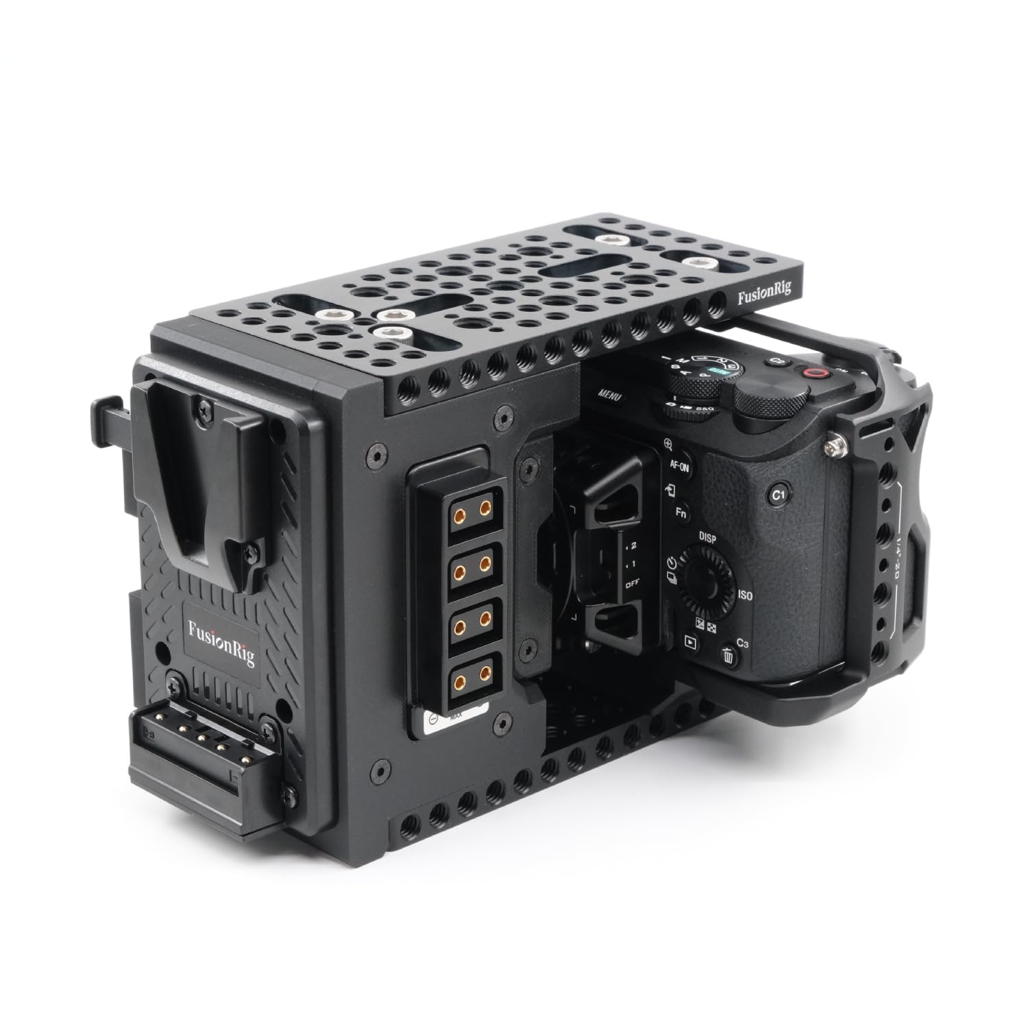 Fusion Rig Cineback klatka na aparat z modułem rozszerzającym V-Mount, rozdzielacz D-Tap, odporna na uderzenia przechowywanie ekranu do klatki na aparat A7M4/A7S3 (do SmallRig 3667 4308 4481)