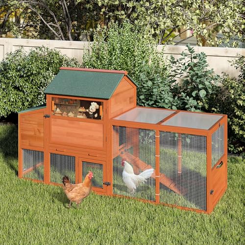 Image of COZIWOW 82 inch Large Wooden Chicken Coop, Outdoor Rabbit Hutch with Wheels, Sunshine Board, Asphalt Roof, Ramp, Openable Top, Door, Window, Pull-Out Tray, Indoor Bunny Cage (Orange with Pattern)